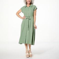 Nina Leonard Button Front Striped Midi Dress with Belt   With a just-right length, this tiered button-front dress creates the perfect polished look every time. Button Front Dress, Striped Midi Dress, Collar Dress, Types Of Skirts, Polished Look, Piece Of Clothing, Green Dress, Pink Dress, All Fashion