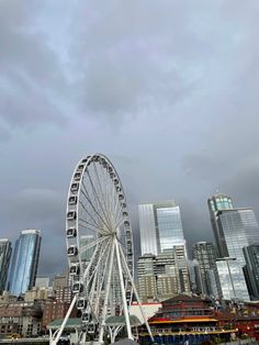 a large ferris wheel sitting in front of a tall cityscape on a cloudy day