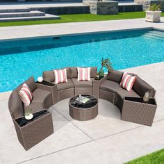 an outdoor patio furniture set next to a swimming pool