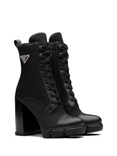 Find PRADA Triangle-logo 110mm Boots on Editorialist. black leather enamel triangle logo round toe pull-tab at the heel faux lace-up design side zip fastening 110mm block heel Combat Boots Heels, Dr Shoes, Ankle Sandals, Toes Designs, Black Pumps Heels, Lace Up Booties, Stiletto Sandals, Triangle Logo, Black High Heels