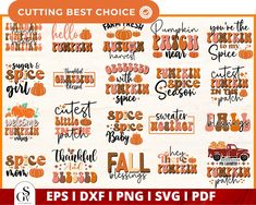 an orange and white background with the words fall in different font styles, including pumpkins