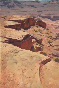 a painting of some rocks in the middle of a desert area with sparse grass growing out of them