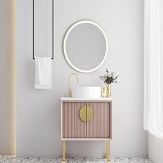 a bathroom with a round mirror above the sink and a vanity in front of it