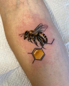 a bee with honeycombs on it's legs is seen in this image