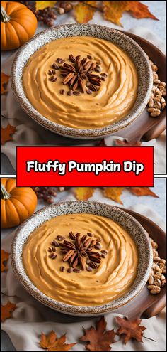 two pictures of pumpkin dip in a bowl