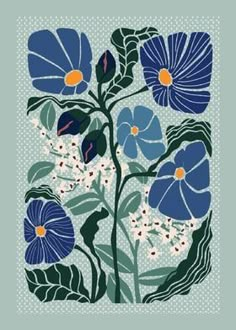 blue flowers with green leaves and dots in the background on a teal colored card