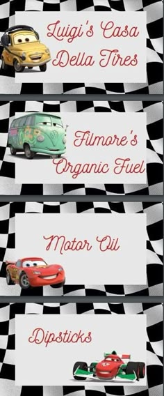 four different cars are lined up on a checkered background with the names of each car