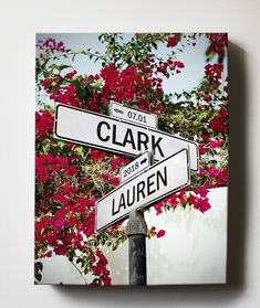 two white street signs sitting on top of a metal pole next to a tree with red flowers