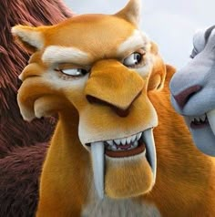 two animated animals with their mouths open in front of a sky background, one is brown and the other is white