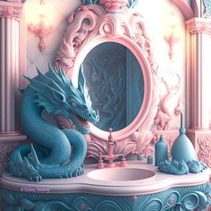 a blue dragon statue sitting on top of a bathroom sink next to a round mirror