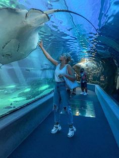 a woman is petting a shark in an aquarium with other people looking at it