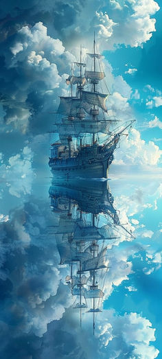 a ship floating on top of a body of water surrounded by clouds in the sky