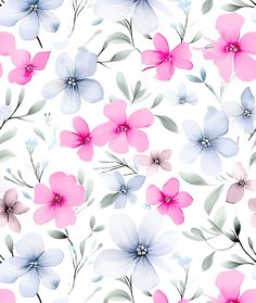 a white background with pink and blue flowers