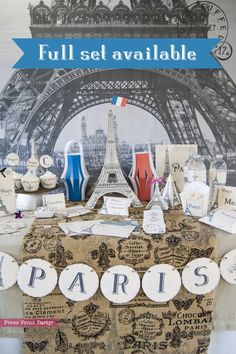 the table is set up for an event in front of the eiffel tower