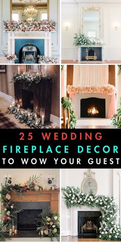 the fireplace is decorated with flowers and greenery for an elegant wedding or special event