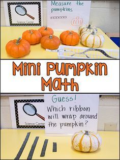 a table with pumpkins on it and a sign that says, mini pumpkin math