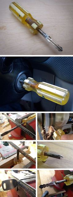 there are several pictures of tools being used to make glass work on the car dashboard