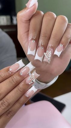 French Tip Square Nails With Gems, Nail Ideas Bling, Acrylic Toe Nails, Girly Acrylic Nails, French Tip Acrylic Nails, Short Square Acrylic Nails, Acrylic Nails Coffin Pink, Long Square Acrylic Nails