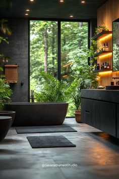 a bathroom with a large tub and plants in it