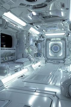 the interior of a futuristic space station with lights