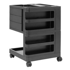 a black cart with three drawers on wheels