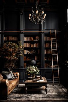 If you're obsessed with the dark academia interior design style, you'll want to read this! Tons of practical tips to get the DA look in your own home! Moody Dark Room, Dark Art Deco Interior, Modern Victorian Library, Dark Academia Home Office, Moody Library Room, Moody Home Library, Dark Academia House, Dark Library, Dark Academia Living Room