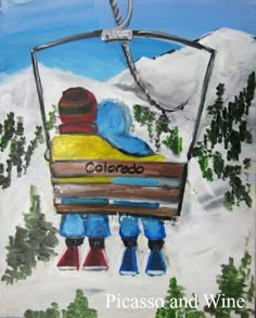 a painting of two people on a ski lift