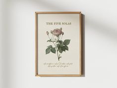 the five solas framed in a wooden frame on a wall above a vase filled with flowers