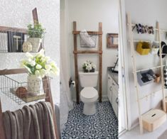 the bathroom is clean and ready to be used as a storage area for towels, toiletries and other household items