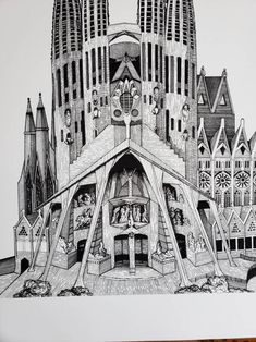 a black and white drawing of a building with people in the center, surrounded by other buildings