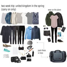 the contents of a travel bag including clothing, shoes and accessories are arranged on a white background