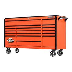 an orange tool cabinet on wheels