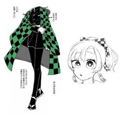 an anime character is dressed in black and green checkered clothing, with her hair pulled back