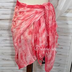 Lightweight Pattern Scarf, Sarong, Or Swimsuit Cover-Up, Knotted Fringe Edge Detail, 100% Viscose, Made In The Usa, Cream/Strawberry Tie-Dye Color Red Bohemian Sarong For Festivals, Pink Sarong For Festival, Pink Festival Sarong, Red Cotton Summer Sarong, Red Bohemian Cotton Sarong, Knotted Fringe, Tie Dye Scarves, Pattern Scarf, Tie Dye Colors