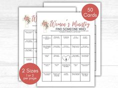 two printable wedding game cards with the words, women's mystery find someone who