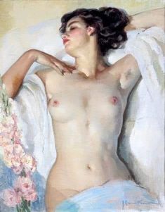 a painting of a naked woman laying on a bed with flowers in her hair and blanket over her head