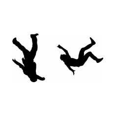 two silhouettes of people jumping in the air with their hands up and feet apart