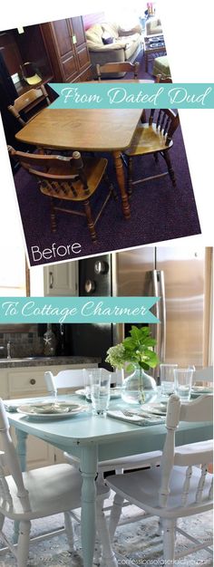 the before and after photos of a dining room table with chairs, one is white