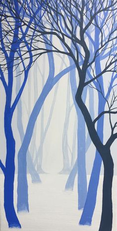 a painting of blue trees in the snow