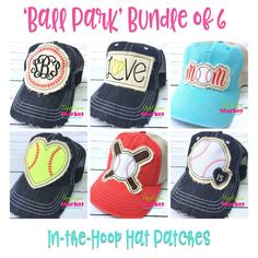 six baseball caps with different designs on them and the words ball park bundle of 6