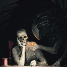 a painting of a skeleton holding a lit candle in his hand and sitting on the ground