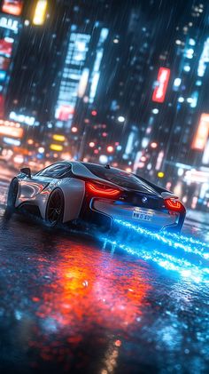 BMW car gritty, realistic imahe of a sports car driving through a wet city. the city is pale and the car has straight blue flames coming out the exhausts. most of the coloures in the image are slightly dull and muted, but the flames are bright