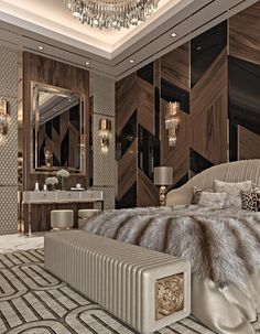 a luxurious bedroom is decorated in gold and silver