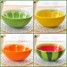 four different types of fruit bowls on top of a doily with instructions to make them