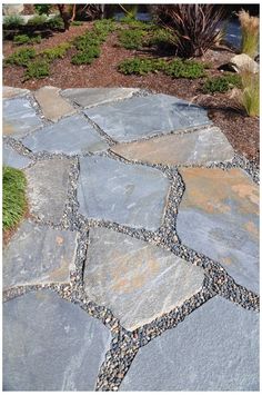 a stone walkway in the middle of a garden