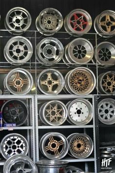 many different types of wheels are on display