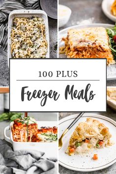 collage of freezer meals with text overlay that reads, 100 plus freezer meals