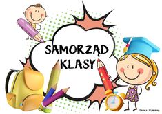 the word samorad klasy surrounded by school supplies and children's drawings