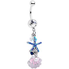 14 Gauge (1.6mm), 3/8" (10mm), 316L Surgical Grade Stainless Steel Curved Barbell, 5mm-8mm Ball Ends Clear Blue Gem Ocean Treasure Nautical Dangle Belly Ring Some mermaid has been very busy collecting goodies from the ocean to decorate this 14 gauge navel ring! It's made with a 3/8" durable 316L surgical grade stainless steel curved barbell with a 5mm top ball end. The bottom ball end is 8mm and set with a large clear gem. Dangling from the base is a starfish charm set with deep blue gems. The s Belly Piercing Jewelry, Ring Piercing, Jewelry Promotion, Belly Button Jewelry, Ocean Treasures, Navel Jewelry, Dangle Belly Rings, Belly Jewelry, Navel Ring