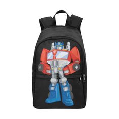 a black backpack with an image of a robot on the front and back pocket,